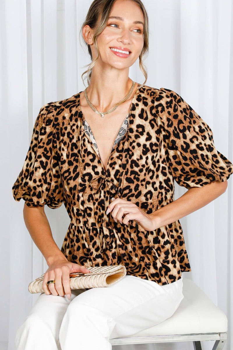 Leopard Peplum Puff Sleeved Top with Tie Front-Vine & Love-Sissy Boutique