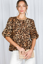 Leopard Peplum Puff Sleeved Top with Tie Front-Vine & Love-Sissy Boutique