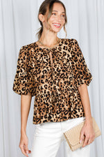 Leopard Peplum Puff Sleeved Top with Tie Front-Vine & Love-Sissy Boutique