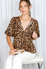 Leopard Peplum Puff Sleeved Top with Tie Front-Vine & Love-Sissy Boutique