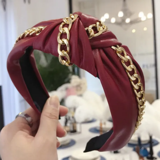 THICK BURGUNDY AND GOLD CHAIN LEATHER HEADBAND-Sissy Boutique