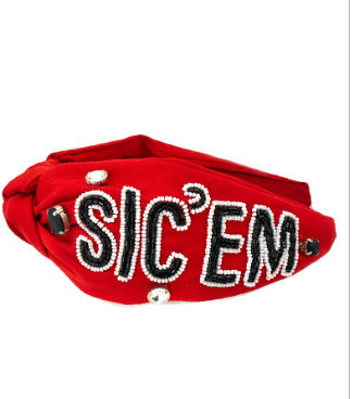 RED AND BLACK AND WHITE BEADED AND JEWELED SIC EM' GEORGIA BULLDOGS HEADBAND-Sissy Boutique