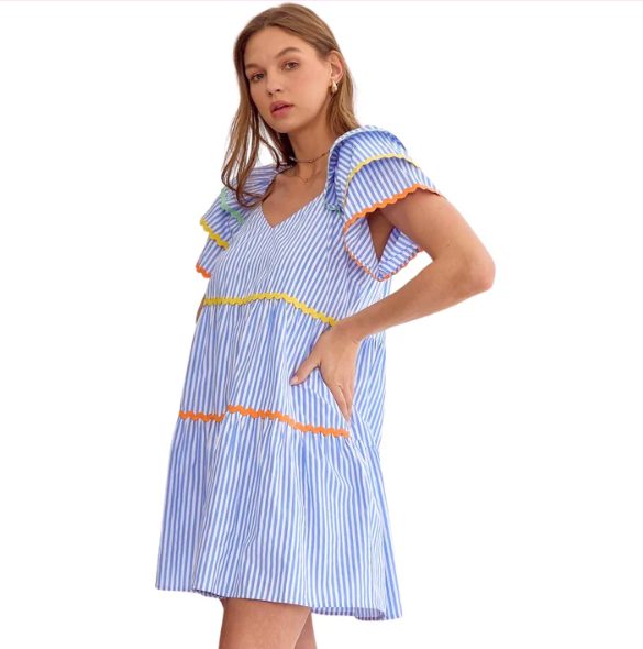 NAVY SEERSUCKER STRIPED AND MULTI-COLORED RIC RAC DRESS-Entro