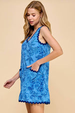 BLUE FLORAL PRINTED SCALLOPED TRIM DRESS-TCEC