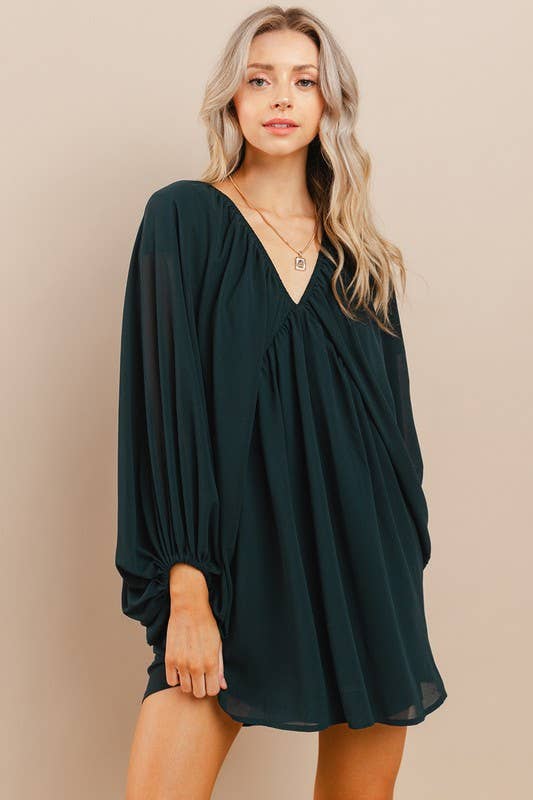 HUNTER GREEN FLOWY OVERSIZED TIE BACK MINI DRESS-TCEC