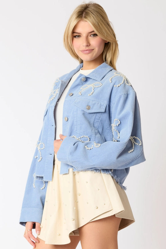 BLUE CORDUROY CROPPED JACKET WITH BOW PEARL DETAIL-Peach Love California