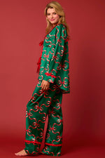 GREEN AND RED BOW PRINTS TIE FRONT RUFFLE DETAILED CHRISTMAS PJS (PAJAMA SET)-Peach Love California