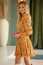 MUSTARD SMOCKED WAIST RUFFLE SKIRT FLORAL DRESS-VOY