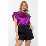 PURPLE SATIN FLUTTER SLEEVE TEXTURED TOP-THML