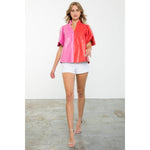 PINK AND RED COLORBLOCK LEATHER TOP-THML