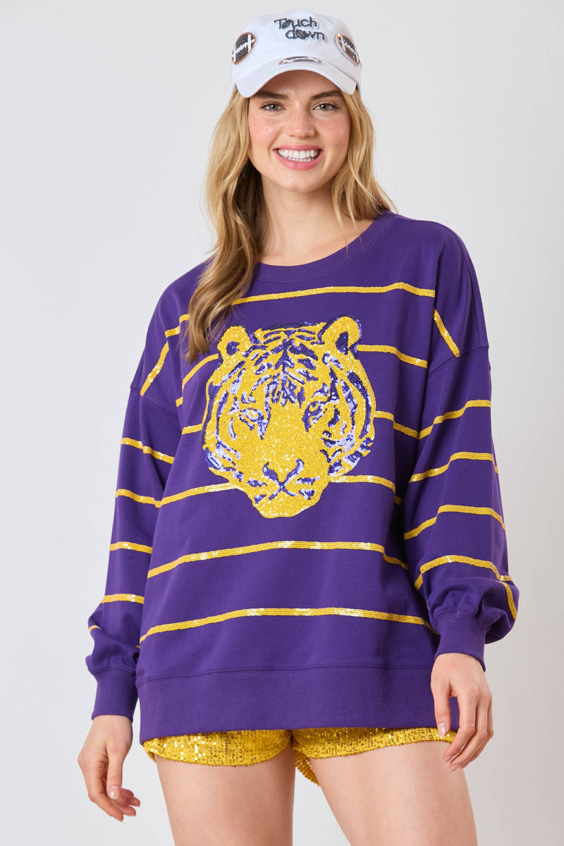 NAVY AUBURN TIGER HEAD SEQUINED STRIPED PULLOVER-Fantastic Fawn