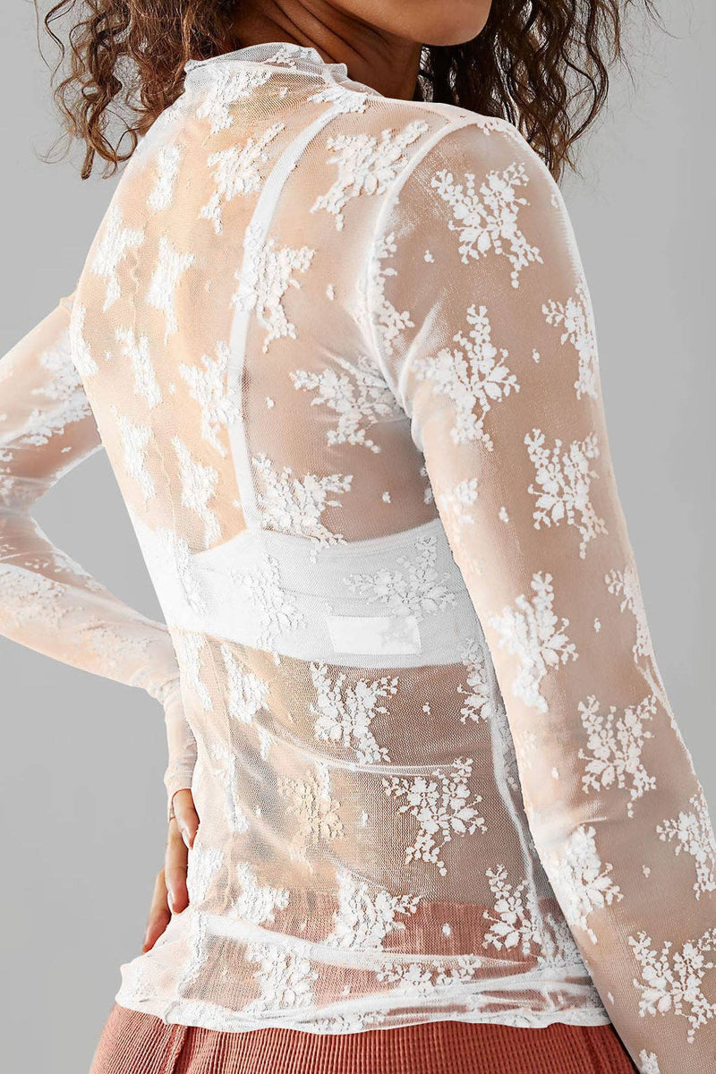 WHITE FLORAL LACE LONG SLEEVE TOP-DE VAVE