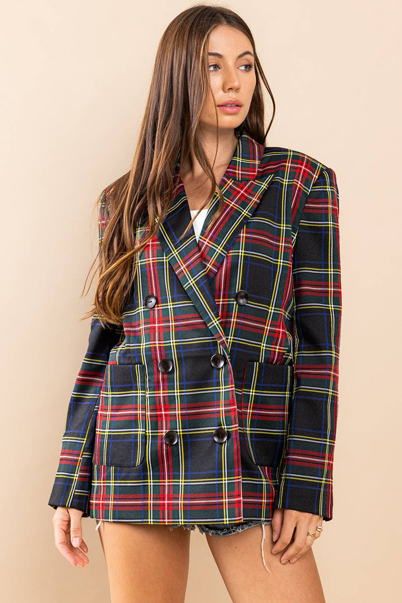 TARTAN PLAID DOUBLE BREASTED BLAZER-Ces Femme