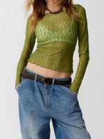 GREEN SEMI-SHEER LACE CROP TOP-DE VAVE