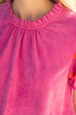 PINK SCALLOPED AND SMOCKED SUEDE RUFFLE TOP-VOY