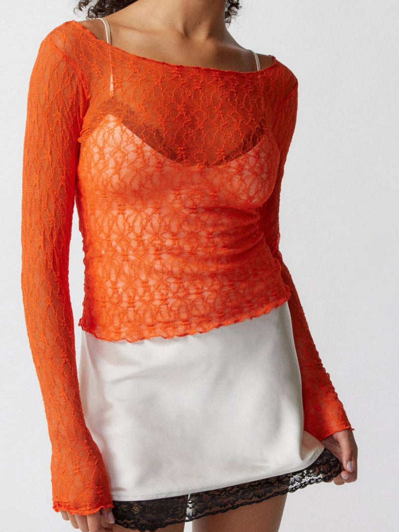 ORANGE SEMI-SHEER LACE CROP TOP-DE VAVE