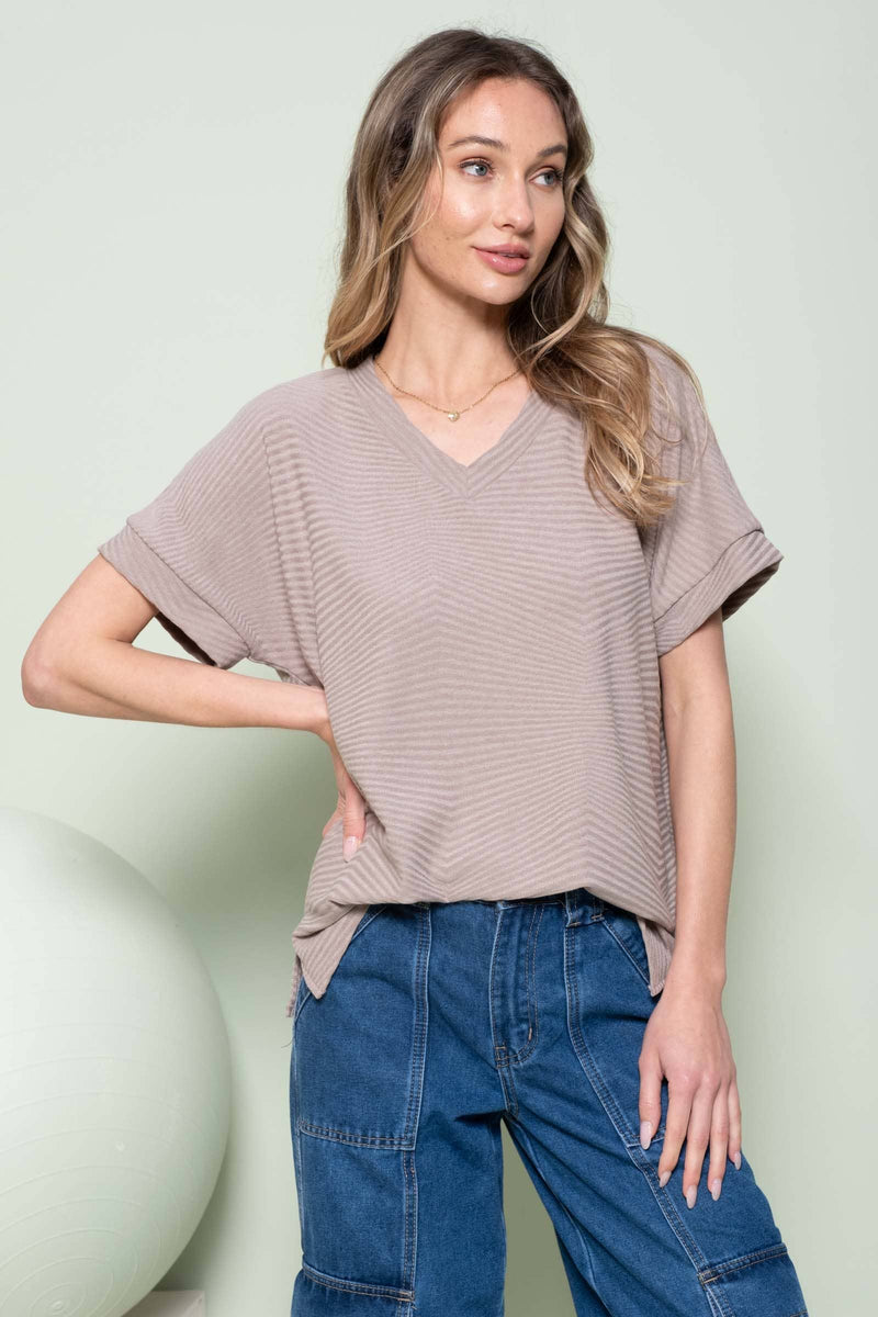 TAUPE RIBBED V-NECK TOP-Hailey&Co