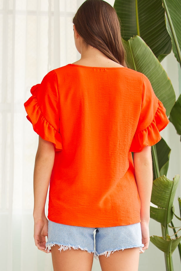 ORANGE RUFFLED TULIP SLEEVE V-NECK TOP-FSL Apparel