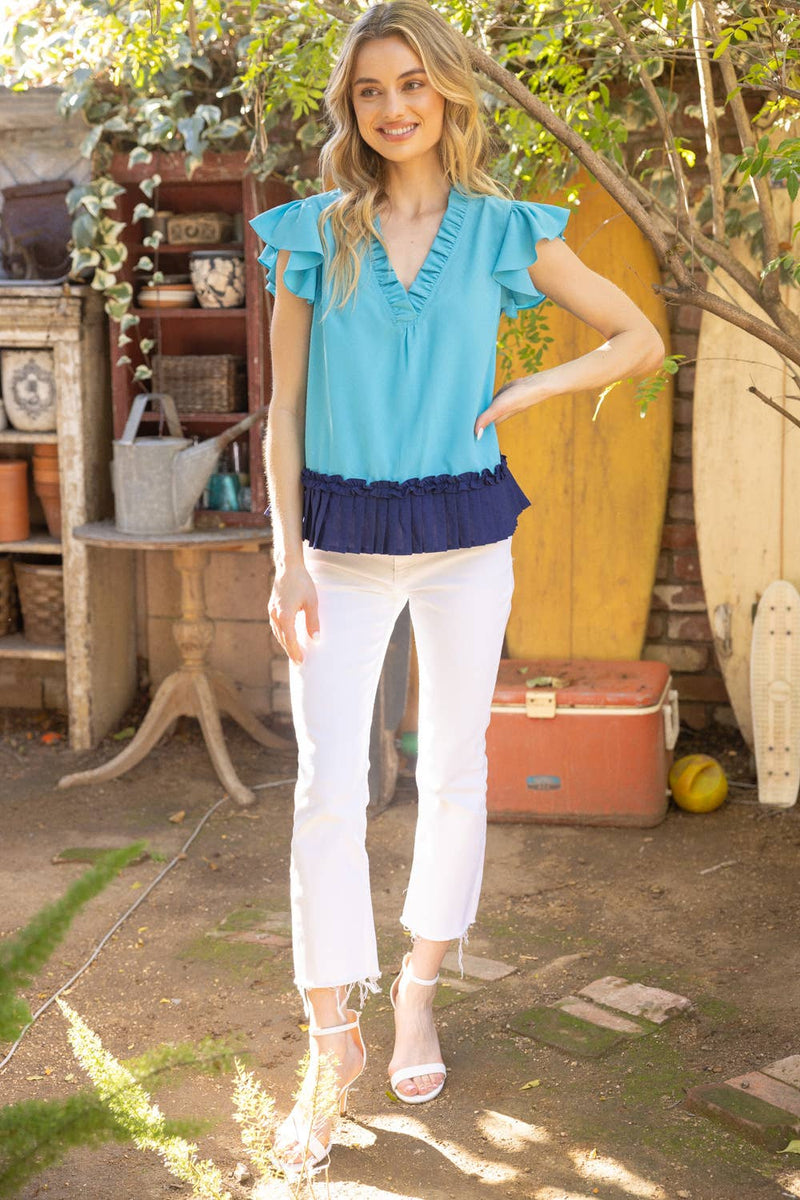 PLEATED CONTRAST BLUE HEM RUFFLE V NECK TOP-VOY