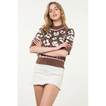 BROWN PINK AND BLACK FLOWER KNIT SHORT SLEEVE MOCK NECK SWEATER-THML