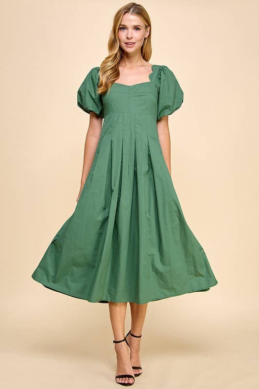 SAGE SWEETHEART NECKLINE PUFF SLEEVE PLEATED MIDI DRESS-TCEC