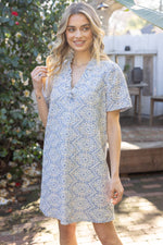 BLUE WIDE RUFFLE V NECK EMBROIDERED SHIFT DRESS-VOY