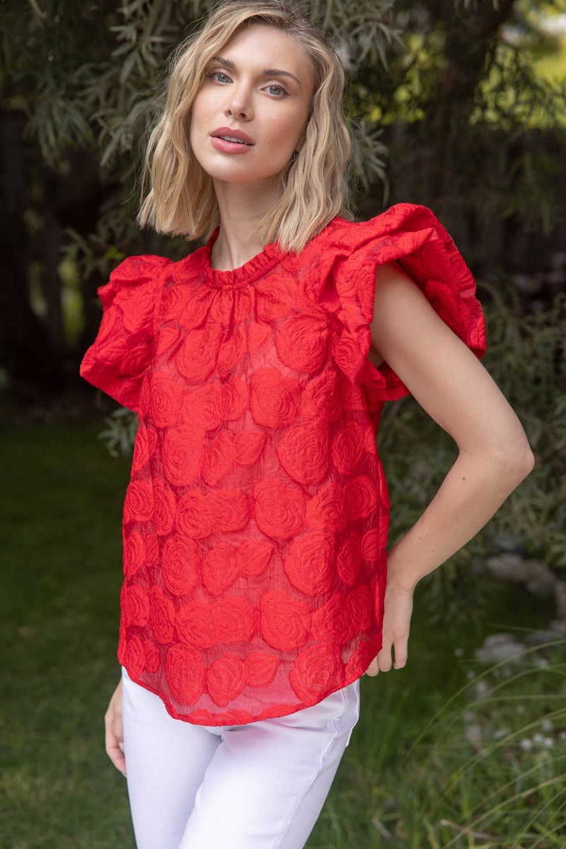 ROSE RED TEXTURED RUFFLE SLEEVE TOP-VOY