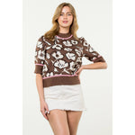 BROWN PINK AND BLACK FLOWER KNIT SHORT SLEEVE MOCK NECK SWEATER-THML