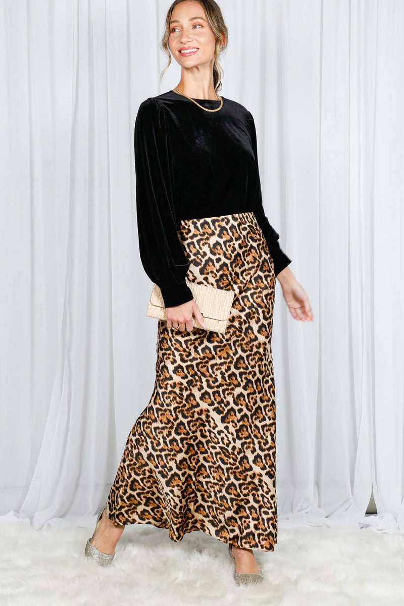 Leopard Printed Bias Cut Satin Maxi Skirt-Vine & Love-Sissy Boutique