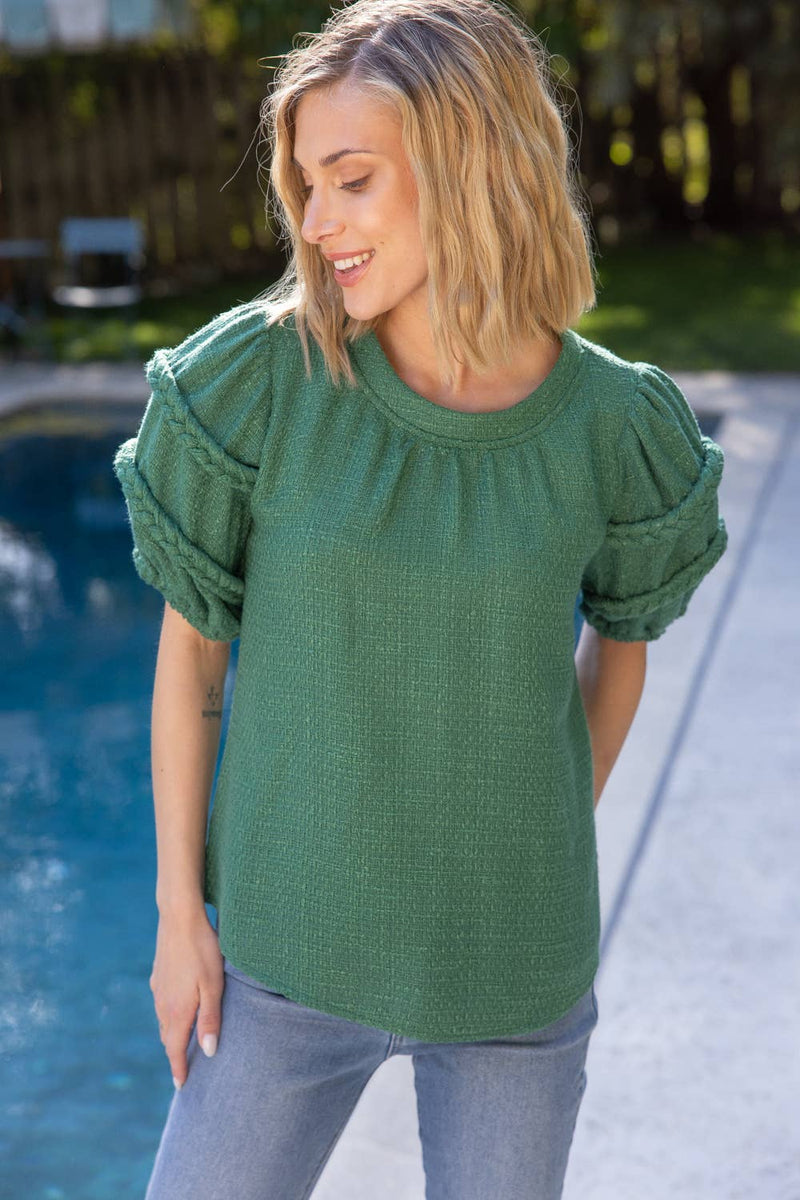 GREEN BRAID DETAILED PUFF SLEEVE TWEED TOP-VOY