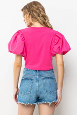 PINK CONTRAST BALLOON SLEEVE KNOTTED CROP TOP-Ces Femme