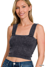 ASH BLACK WASHED RIB SEAMLESS WIDE STRAP TROP TANK W\ BRA PAD-42POPS