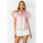 PINK FLUTTER SLEEVE LEATHER TOP-THML