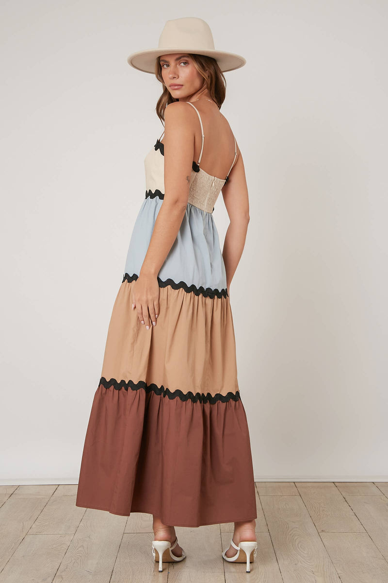 BROWN AND BABY BLUE COLOR BLOCKED TIERED MAXI DRESS-Peach Love California