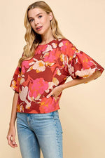 BURGUNDY CORAL FLORAL PRINTED SHORT BALLOON SLEEVES TOP-TCEC