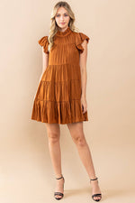 CAMEL TIERED RUFFLE SLEEVE DRESS-TCEC