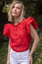 ROSE RED TEXTURED RUFFLE SLEEVE TOP-VOY