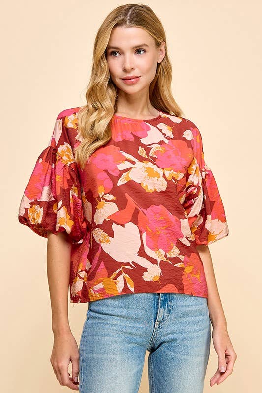 BURGUNDY CORAL FLORAL PRINTED SHORT BALLOON SLEEVES TOP-TCEC