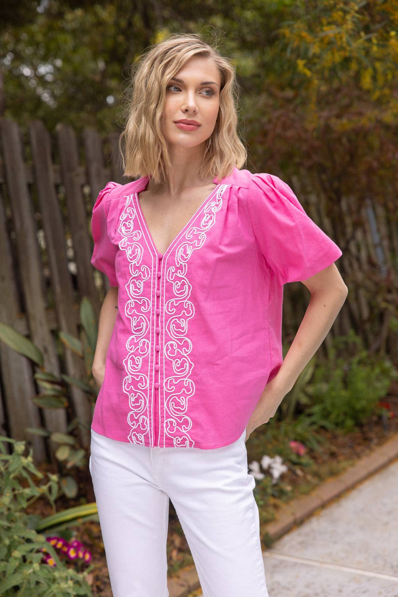 PINK EMBROIDERED BUBBLE SLEEVE TOP-VOY