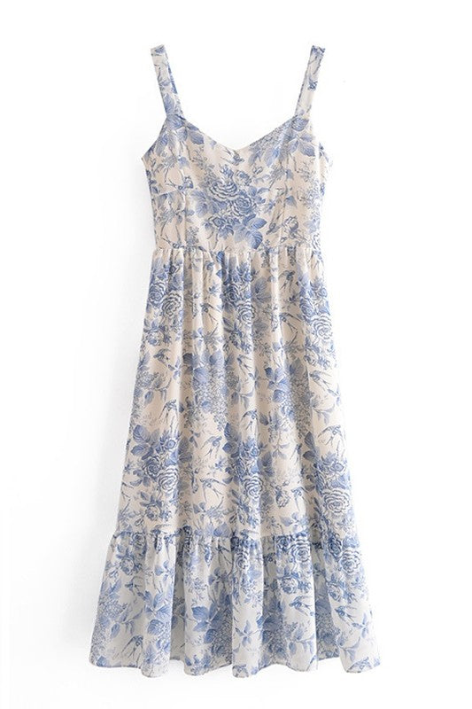 BLUE AND WHITE FLORAL MIDI SUN DRESS-Sissy Boutique