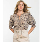 BEIGE AND BLACK FLORAL TASSEL TIE PRINT TOP-THML