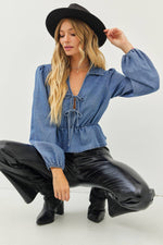 WASHED COTTON DENIM DROP WAIST TOP WITH SPLIT NECK-idem ditto-Sissy Boutique