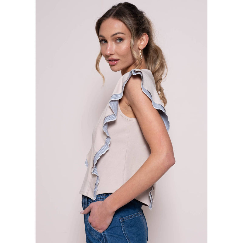 TAUPE SWEATER VEST WITH BLUE RUFFLE SLEEVE-Hailey&Co