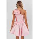 ONE SHOULDER BOW TIE MINI DRESS: BLUSH / XS-Saints & Secrets