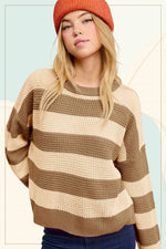 Brown and Tan Loose Fit Striped Round Neck Long Sleeve Sweater-La Miel