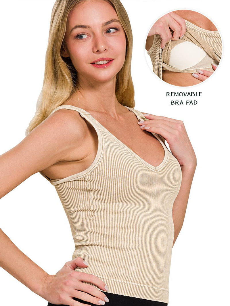 SAND BEIGE WASHED RIBBED TANK TOP W/ BRA PAD-42POPS