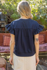 NAVY CONTRAST RIBBON RUFFLE SLEEVE SWEAT TOP-VOY