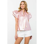 PINK FLUTTER SLEEVE LEATHER TOP-THML