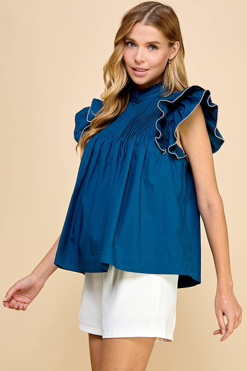 NAVY PLEATED BUTTON DOWN DESIGN ON THE BACK TOP-TCEC