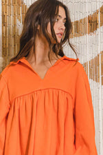 COLLARED SPLIT NECK PLEATING TOP: ORANGE-BUCKETLIST